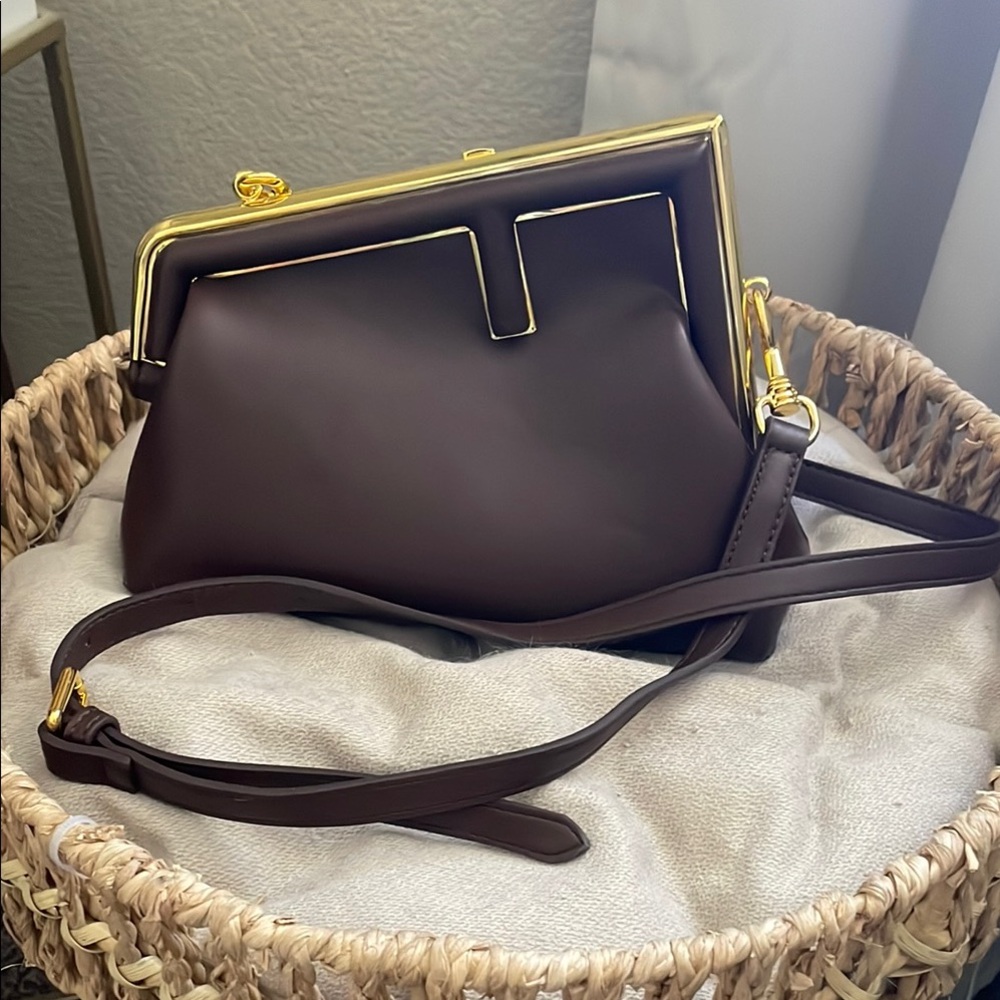 Brown Leather Bag Gold Accents